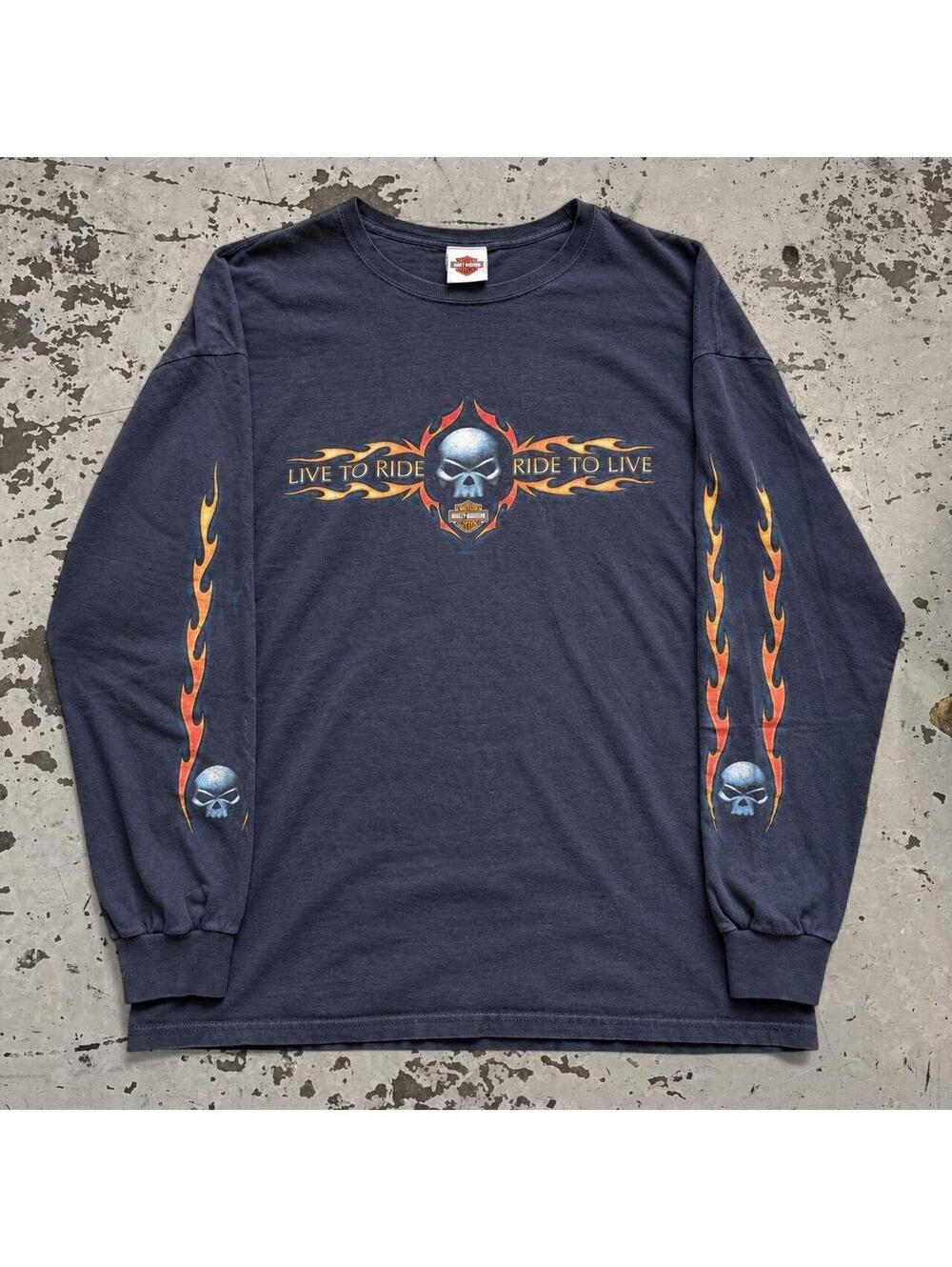 Mens Vintage Harley Davidson Flame Sleeve Skull T-Shirt Size XXL